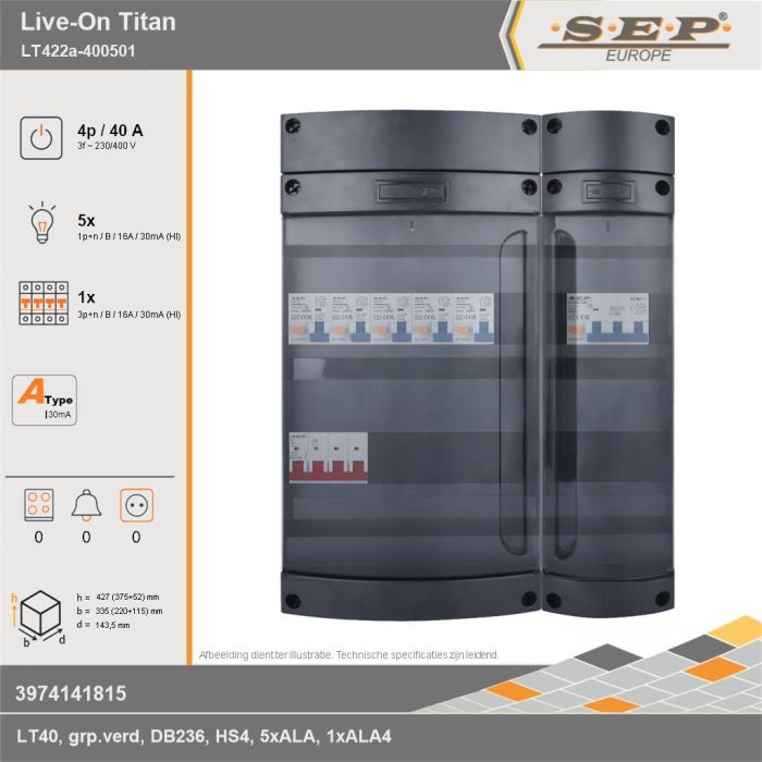 SEP Europe - Live-On Titan, LT422a-400501, 40A, 3-fase groepenkast, 5-lichtgroepen, 1-krachtgroepen, technische gegevens