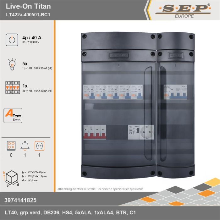 SEP Europe - Live-On Titan, LT422a-400501-BC1, 40A, 3-fase groepenkast, 5-lichtgroepen, 1-krachtgroepen, 1-beltrafo,  1V-contactdoos, technische gegevens
