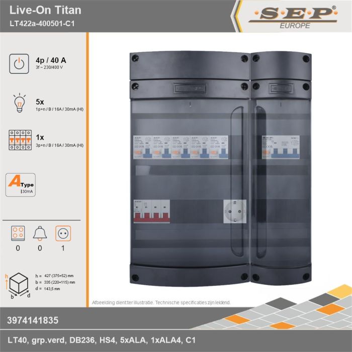 SEP Europe - Live-On Titan, LT422a-400501-C1, 40A, 3-fase groepenkast, 5-lichtgroepen, 1-krachtgroepen,  1V-contactdoos, technische gegevens