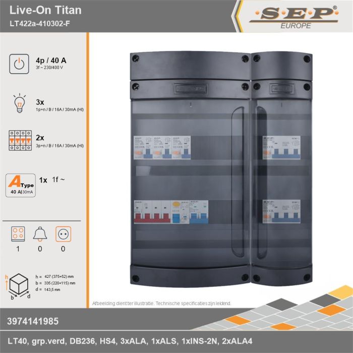 SEP Europe - Live-On Titan, LT422a-410302-F, 40A, 3-fase groepenkast, 3-lichtgroepen, 2-krachtgroepen, 1-fornuisgroep, technische gegevens