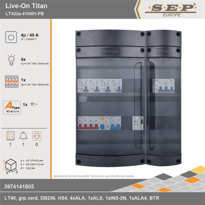 SEP Europe - Live-On Titan, LT422a-410401-FB, 40A, 3-fase groepenkast, 4-lichtgroepen, 1-krachtgroepen, 1-fornuisgroep, 1-beltrafo, technische gegevens