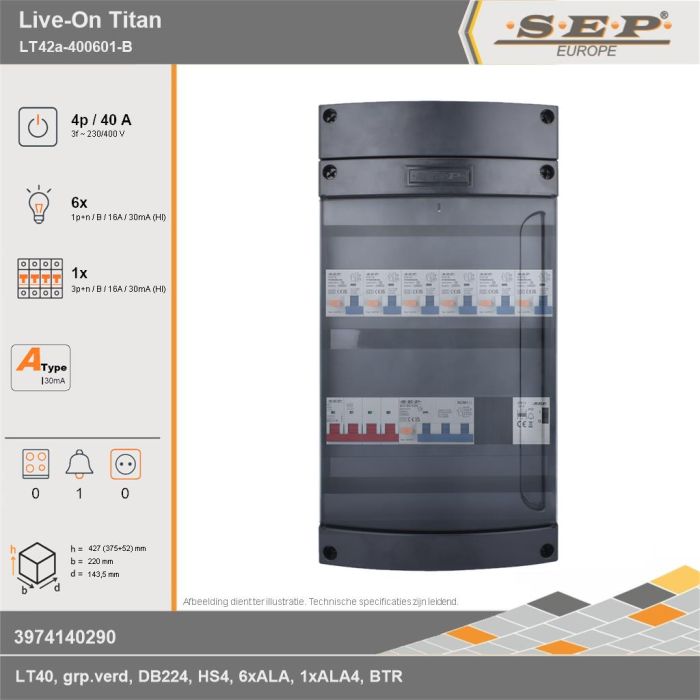 SEP Europe - Live-On Titan, LT42a-400601-B, 40A, 3-fase groepenkast, 6-lichtgroepen, 1-krachtgroepen, 1-beltrafo, technische gegevens