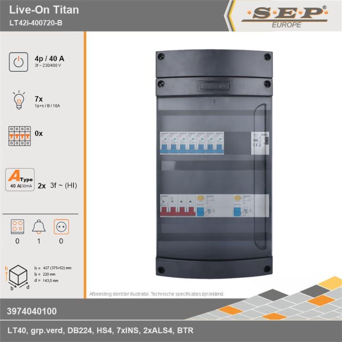 SEP Europe - Live-On Titan, LT42i-400720-B, 40A, 3-fase groepenkast, 7-lichtgroepen, 1-beltrafo, technische gegevens