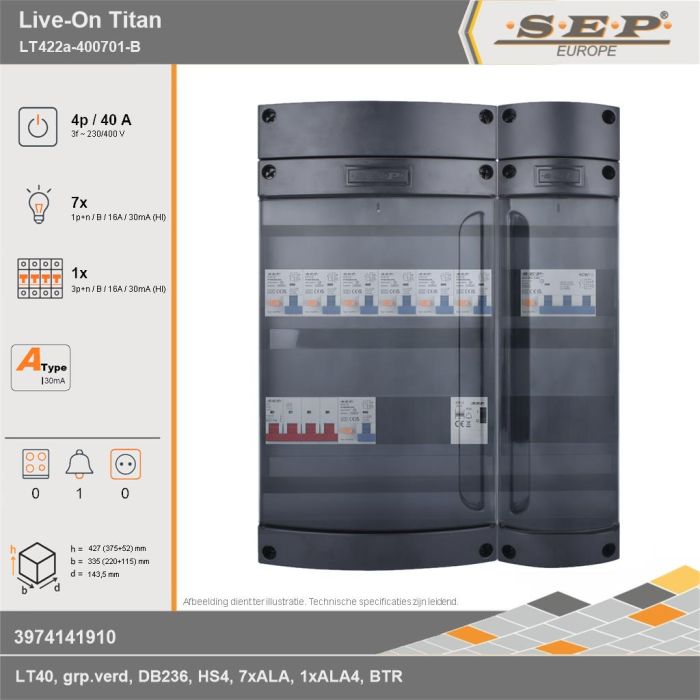 SEP Europe - Live-On Titan, LT422a-400701-B, 40A, 3-fase groepenkast, 7-lichtgroepen, 1-krachtgroepen, 1-beltrafo, technische gegevens