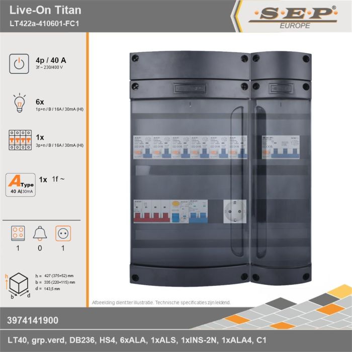 SEP Europe - Live-On Titan, LT422a-410601-FC1, 40A, 3-fase groepenkast, 6-lichtgroepen, 1-krachtgroepen, 1-fornuisgroep,  1V-contactdoos, technische gegevens
