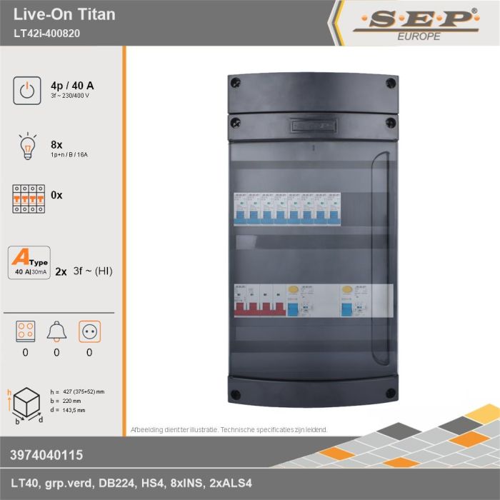 SEP Europe - Live-On Titan, LT42i-400820, 40A, 3-fase groepenkast, 8-lichtgroepen, technische gegevens