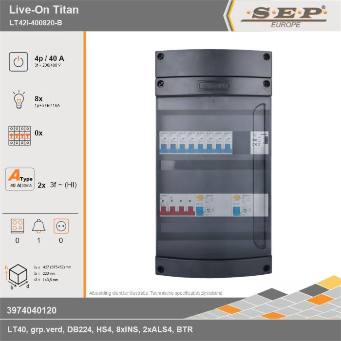 SEP Europe - Live-On Titan, LT42i-400820-B, 40A, 3-fase groepenkast, 8-lichtgroepen, 1-beltrafo, technische gegevens