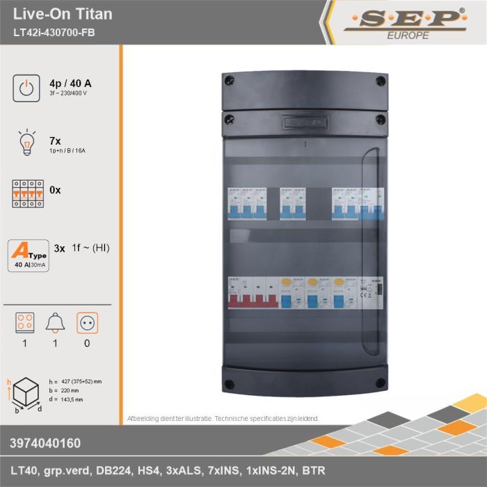 SEP Europe - Live-On Titan, LT42i-430700-FB, 40A, 3-fase groepenkast, 7-lichtgroepen, 1-fornuisgroep, 1-beltrafo, technische gegevens