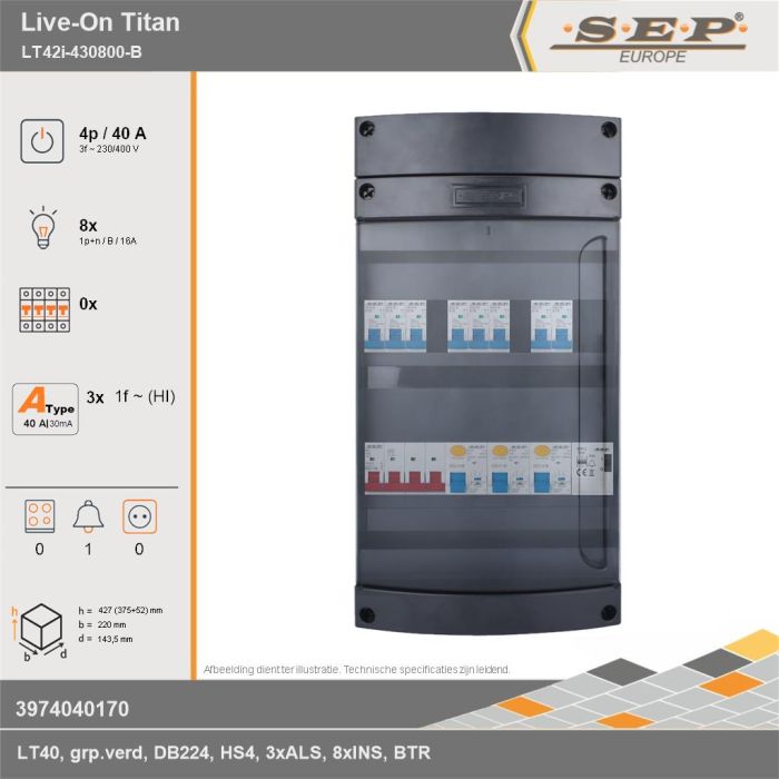 SEP Europe - Live-On Titan, LT42i-430800-B, 40A, 3-fase groepenkast, 8-lichtgroepen, 1-beltrafo, technische gegevens