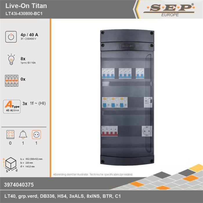SEP Europe - Live-On Titan, LT43i-430800-BC1, 40A, 3-fase groepenkast, 8-lichtgroepen, 1-beltrafo,  1V-contactdoos, technische gegevens
