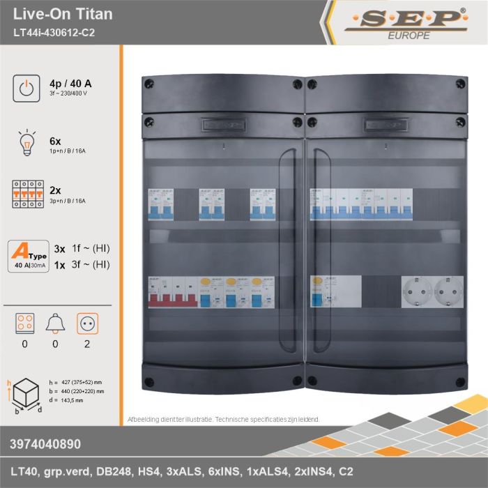 SEP Europe - Live-On Titan, LT44i-430612-C2, 40A, 3-fase groepenkast, 6-lichtgroepen, 2-krachtgroepen,  2V-contactdoos, technische gegevens
