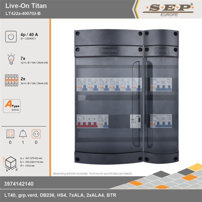 SEP Europe - Live-On Titan, LT422a-400702-B, 40A, 3-fase groepenkast, 7-lichtgroepen, 2-krachtgroepen, 1-beltrafo, technische gegevens