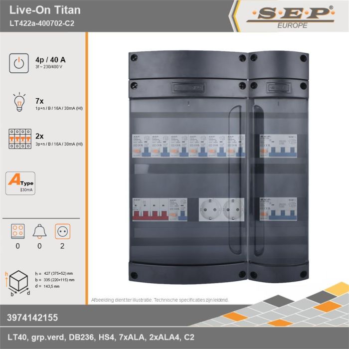 SEP Europe - Live-On Titan, LT422a-400702-C2, 40A, 3-fase groepenkast, 7-lichtgroepen, 2-krachtgroepen,  2V-contactdoos, technische gegevens