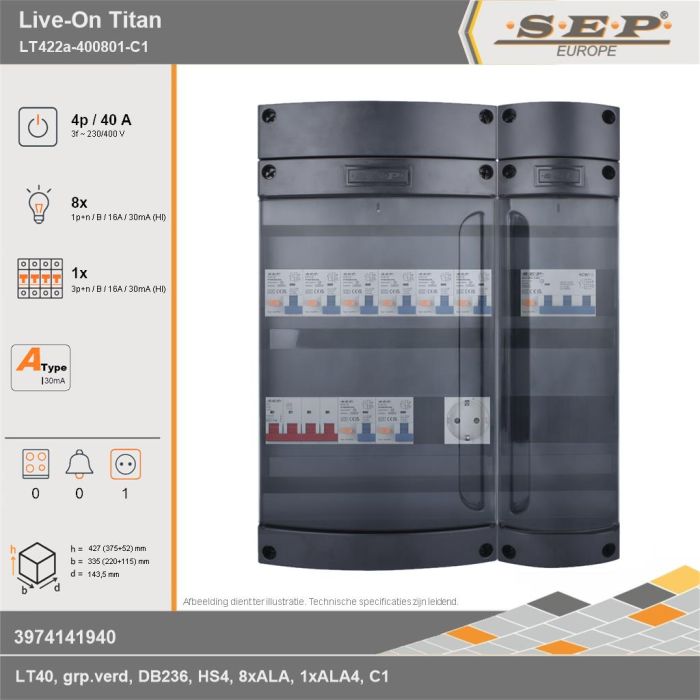 SEP Europe - Live-On Titan, LT422a-400801-C1, 40A, 3-fase groepenkast, 8-lichtgroepen, 1-krachtgroepen,  1V-contactdoos, technische gegevens