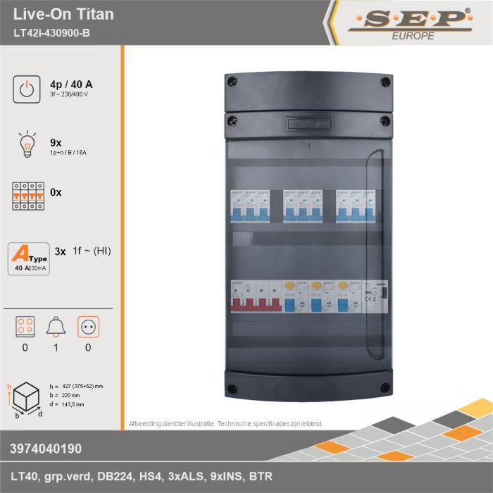SEP Europe - Live-On Titan, LT42i-430900-B, 40A, 3-fase groepenkast, 9-lichtgroepen, 1-beltrafo, technische gegevens