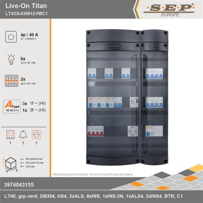 SEP Europe - Live-On Titan, LT433i-430612-FBC1, 40A, 3-fase groepenkast, 6-lichtgroepen, 2-krachtgroepen, 1-fornuisgroep, 1-beltrafo,  1V-contactdoos, technische gegevens