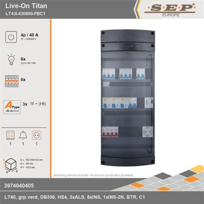 SEP Europe - Live-On Titan, LT43i-430800-FBC1, 40A, 3-fase groepenkast, 8-lichtgroepen, 1-fornuisgroep, 1-beltrafo,  1V-contactdoos, technische gegevens
