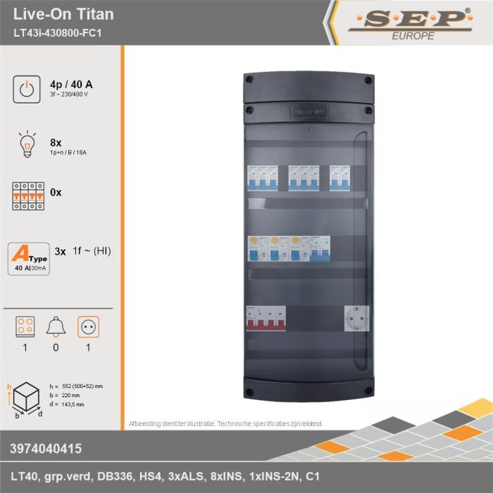 SEP Europe - Live-On Titan, LT43i-430800-FC1, 40A, 3-fase groepenkast, 8-lichtgroepen, 1-fornuisgroep,  1V-contactdoos, technische gegevens