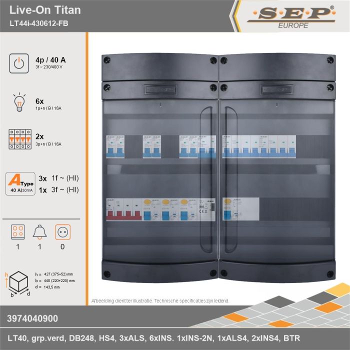 SEP Europe - Live-On Titan, LT44i-430612-FB, 40A, 3-fase groepenkast, 6-lichtgroepen, 2-krachtgroepen, 1-fornuisgroep, 1-beltrafo, technische gegevens