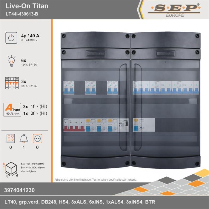 SEP Europe - Live-On Titan, LT44i-430613-B, 40A, 3-fase groepenkast, 6-lichtgroepen, 3-krachtgroepen, 1-beltrafo, technische gegevens