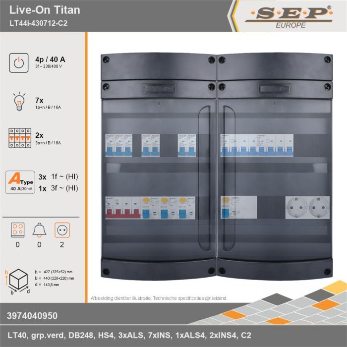SEP Europe - Live-On Titan, LT44i-430712-C2, 40A, 3-fase groepenkast, 7-lichtgroepen, 2-krachtgroepen,  2V-contactdoos, technische gegevens