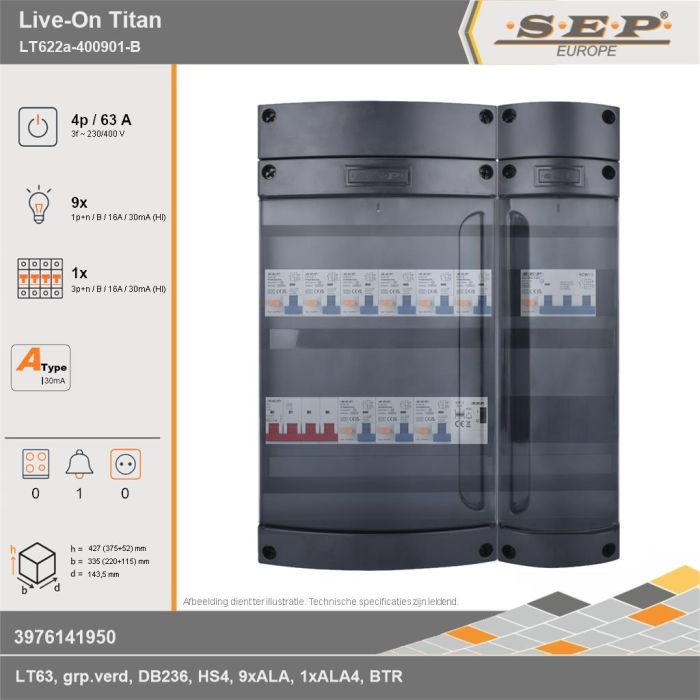 SEP Europe - Live-On Titan, LT622a-400901-B, 63A, 3-fase groepenkast, 9-lichtgroepen, 1-krachtgroepen, 1-beltrafo, technische gegevens