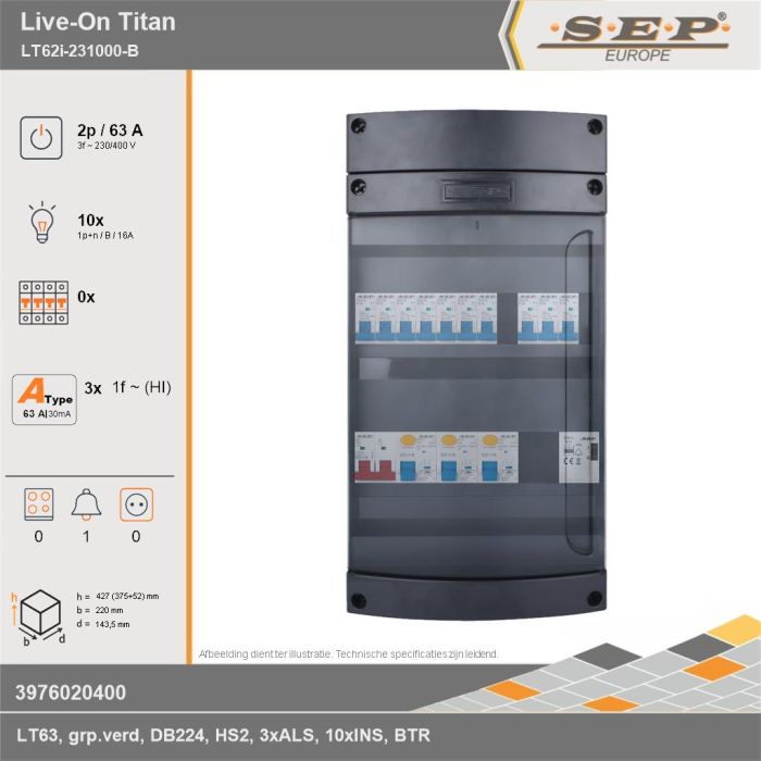 SEP Europe - Live-On Titan, LT62i-231000-B, 63A, 3-fase groepenkast, 10-lichtgroepen, 1-beltrafo, technische gegevens