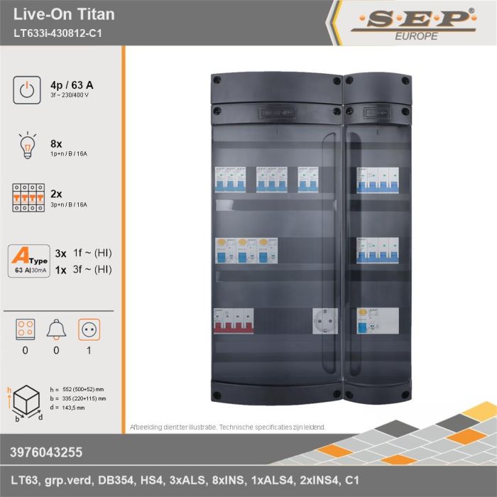 SEP Europe - Live-On Titan, LT633i-430812-C1, 63A, 3-fase groepenkast, 8-lichtgroepen, 2-krachtgroepen,  1V-contactdoos, technische gegevens