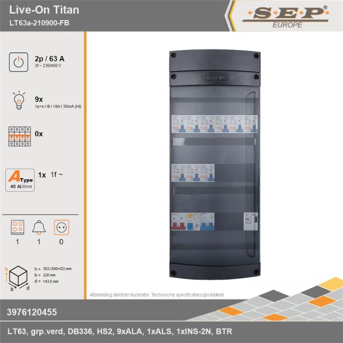SEP Europe - Live-On Titan, LT63a-210900-FB, 63A, 3-fase groepenkast, 9-lichtgroepen, 1-fornuisgroep, 1-beltrafo, technische gegevens