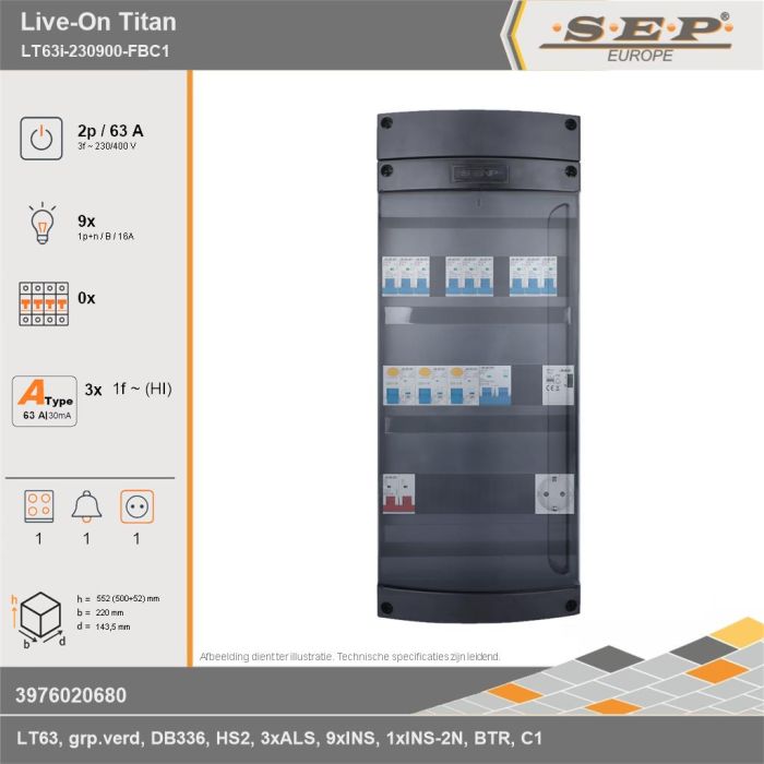 SEP Europe - Live-On Titan, LT63i-230900-FBC1, 63A, 3-fase groepenkast, 9-lichtgroepen, 1-fornuisgroep, 1-beltrafo,  1V-contactdoos, technische gegevens