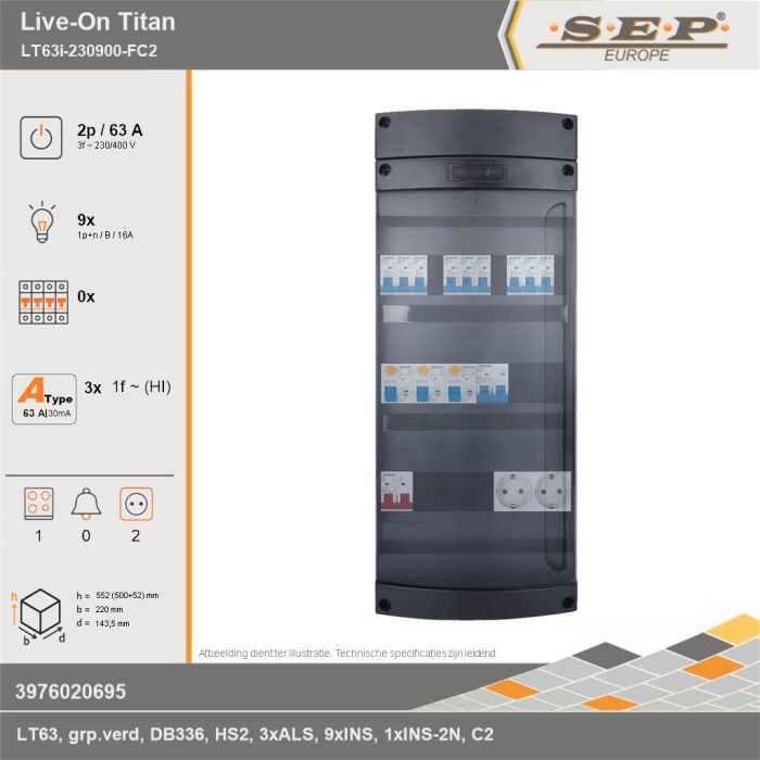 SEP Europe - Live-On Titan, LT63i-230900-FC2, 63A, 3-fase groepenkast, 9-lichtgroepen, 1-fornuisgroep,  2V-contactdoos, technische gegevens