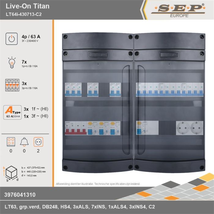 SEP Europe - Live-On Titan, LT64i-430713-C2, 63A, 3-fase groepenkast, 7-lichtgroepen, 3-krachtgroepen,  2V-contactdoos, technische gegevens