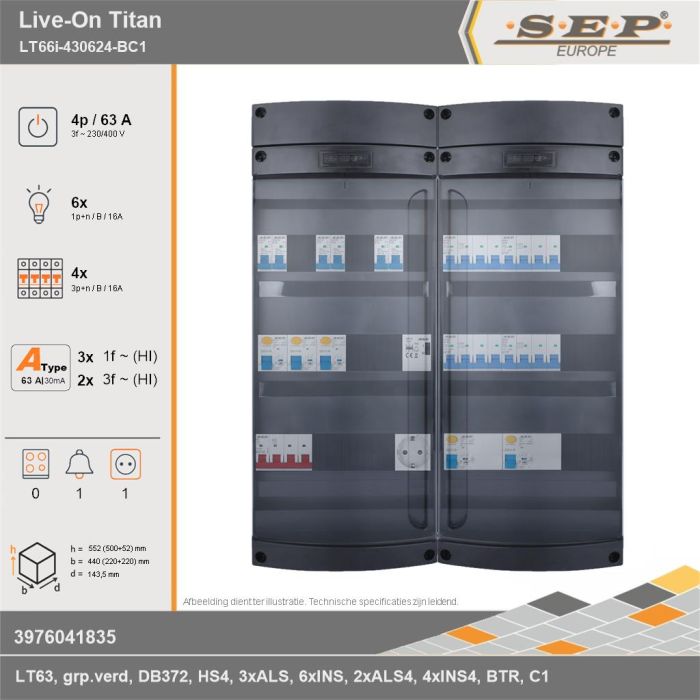 SEP Europe - Live-On Titan, LT66i-430624-BC1, 63A, 3-fase groepenkast, 6-lichtgroepen, 4-krachtgroepen, 1-beltrafo,  1V-contactdoos, technische gegevens