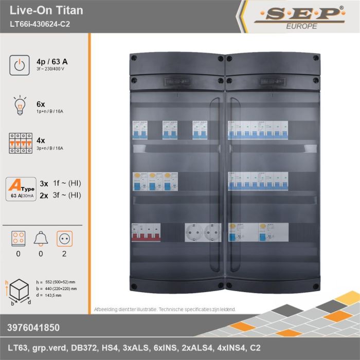 SEP Europe - Live-On Titan, LT66i-430624-C2, 63A, 3-fase groepenkast, 6-lichtgroepen, 4-krachtgroepen,  2V-contactdoos, technische gegevens