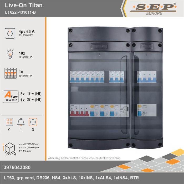 SEP Europe - Live-On Titan, LT622i-431011-B, 63A, 3-fase groepenkast, 10-lichtgroepen, 1-krachtgroepen, 1-beltrafo, technische gegevens