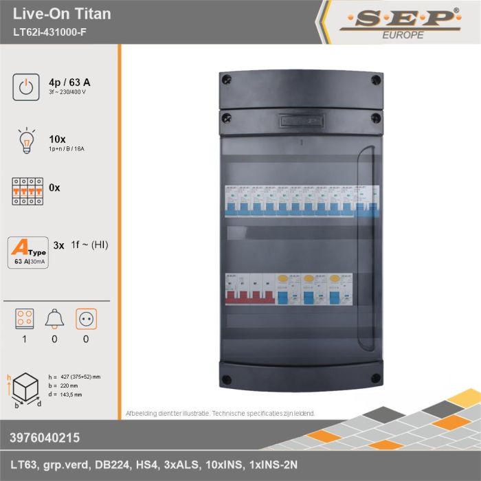 SEP Europe - Live-On Titan, LT62i-431000-F, 63A, 3-fase groepenkast, 10-lichtgroepen, 1-fornuisgroep, technische gegevens