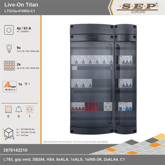 SEP Europe - Live-On Titan, LT633a-410902-FC1, 63A, 3-fase groepenkast, 9-lichtgroepen, 2-krachtgroepen, 1-fornuisgroep,  1V-contactdoos, technische gegevens