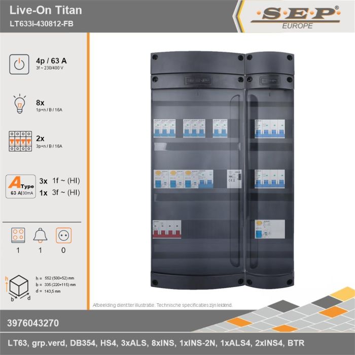 SEP Europe - Live-On Titan, LT633i-430812-FB, 63A, 3-fase groepenkast, 8-lichtgroepen, 2-krachtgroepen, 1-fornuisgroep, 1-beltrafo, technische gegevens