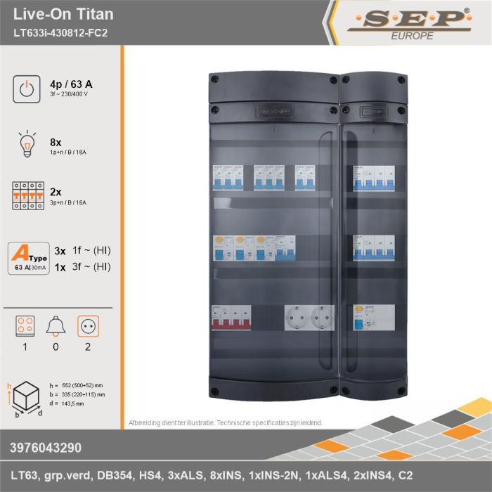 SEP Europe - Live-On Titan, LT633i-430812-FC2, 63A, 3-fase groepenkast, 8-lichtgroepen, 2-krachtgroepen, 1-fornuisgroep,  2V-contactdoos, technische gegevens