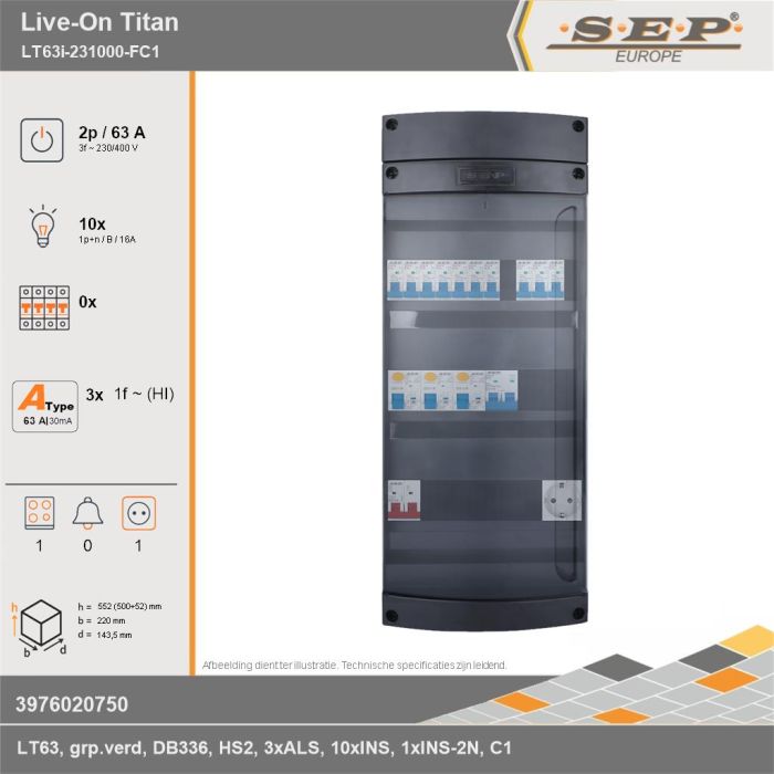 SEP Europe - Live-On Titan, LT63i-231000-FC1, 63A, 3-fase groepenkast, 10-lichtgroepen, 1-fornuisgroep,  1V-contactdoos, technische gegevens