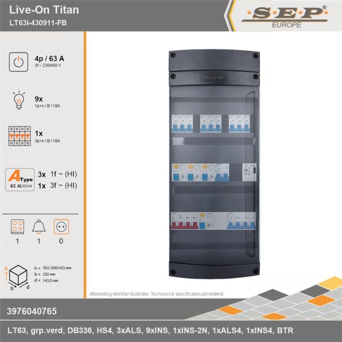 SEP Europe - Live-On Titan, LT63i-430911-FB, 63A, 3-fase groepenkast, 9-lichtgroepen, 1-krachtgroepen, 1-fornuisgroep, 1-beltrafo, technische gegevens