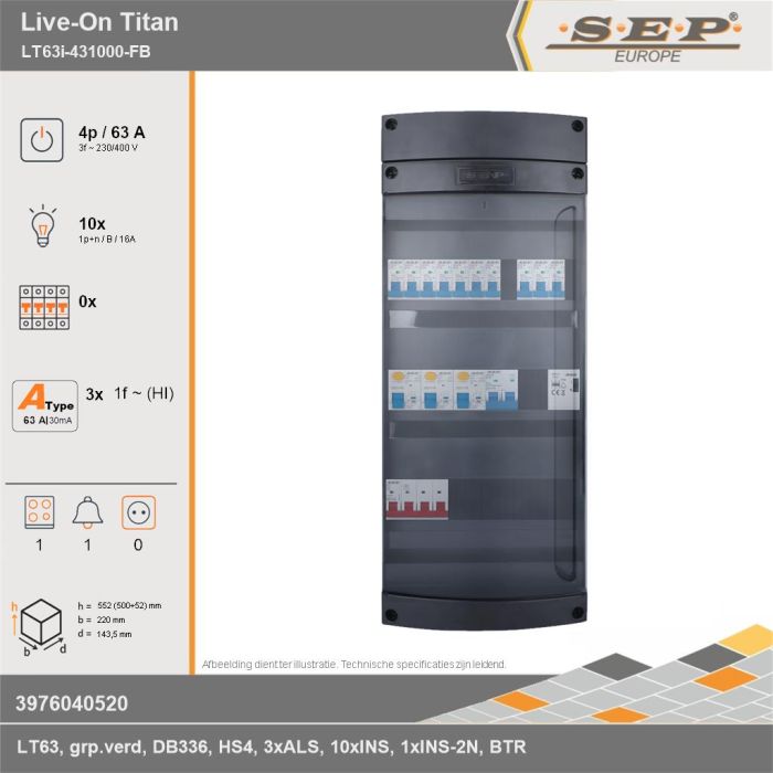 SEP Europe - Live-On Titan, LT63i-431000-FB, 63A, 3-fase groepenkast, 10-lichtgroepen, 1-fornuisgroep, 1-beltrafo, technische gegevens