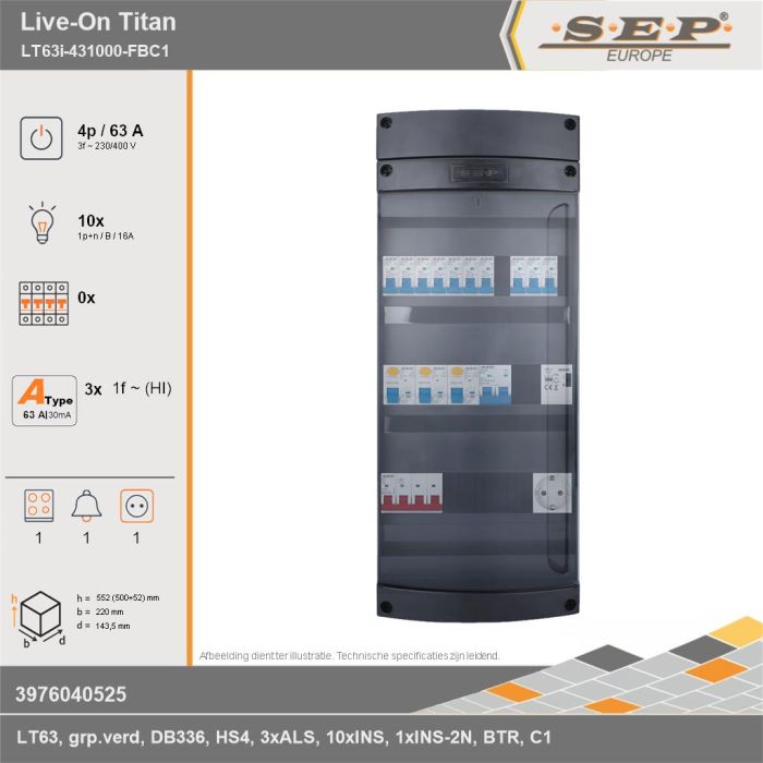 SEP Europe - Live-On Titan, LT63i-431000-FBC1, 63A, 3-fase groepenkast, 10-lichtgroepen, 1-fornuisgroep, 1-beltrafo,  1V-contactdoos, technische gegevens
