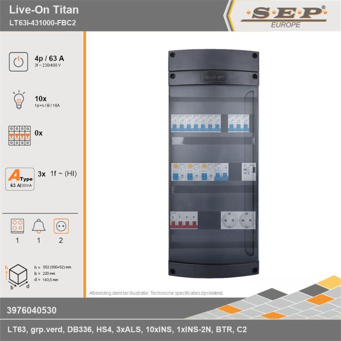 SEP Europe - Live-On Titan, LT63i-431000-FBC2, 63A, 3-fase groepenkast, 10-lichtgroepen, 1-fornuisgroep, 1-beltrafo,  2V-contactdoos, technische gegevens