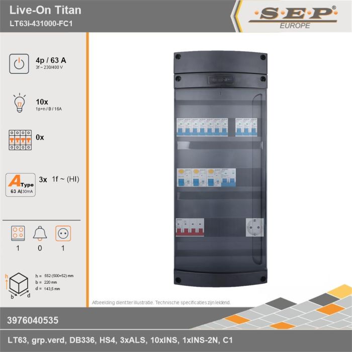 SEP Europe - Live-On Titan, LT63i-431000-FC1, 63A, 3-fase groepenkast, 10-lichtgroepen, 1-fornuisgroep,  1V-contactdoos, technische gegevens