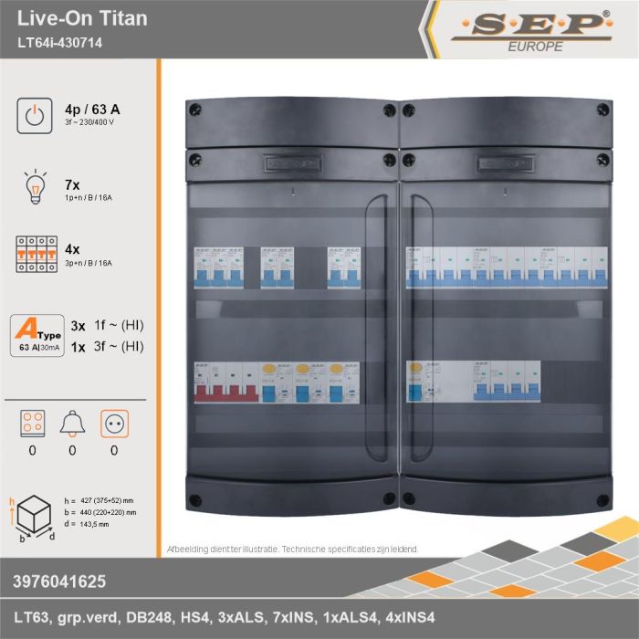 SEP Europe - Live-On Titan, LT64i-430714, 63A, 3-fase groepenkast, 7-lichtgroepen, 4-krachtgroepen, technische gegevens
