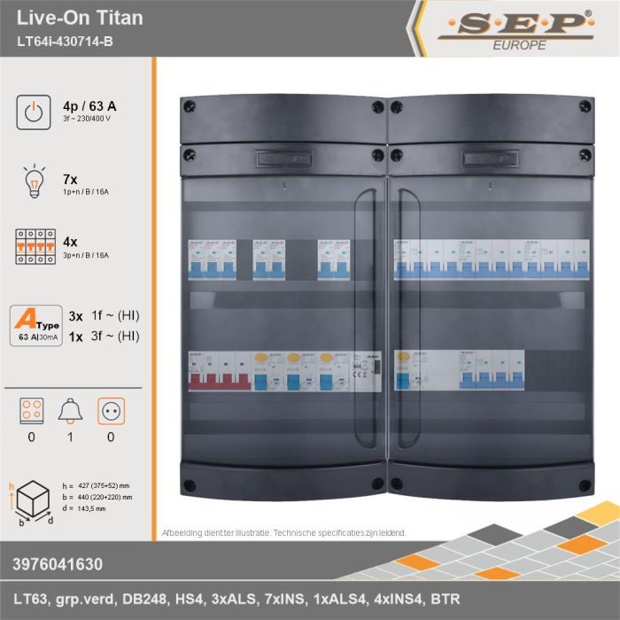 SEP Europe - Live-On Titan, LT64i-430714-B, 63A, 3-fase groepenkast, 7-lichtgroepen, 4-krachtgroepen, 1-beltrafo, technische gegevens