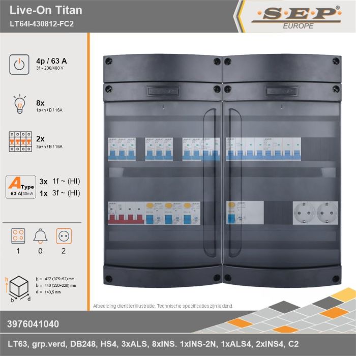 SEP Europe - Live-On Titan, LT64i-430812-FC2, 63A, 3-fase groepenkast, 8-lichtgroepen, 2-krachtgroepen, 1-fornuisgroep,  2V-contactdoos, technische gegevens