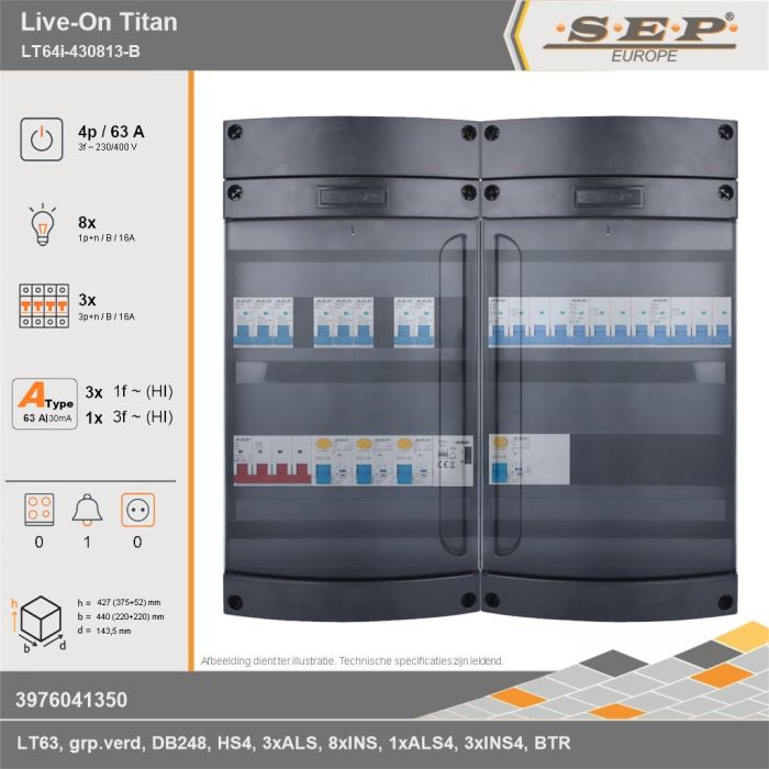 SEP Europe - Live-On Titan, LT64i-430813-B, 63A, 3-fase groepenkast, 8-lichtgroepen, 3-krachtgroepen, 1-beltrafo, technische gegevens