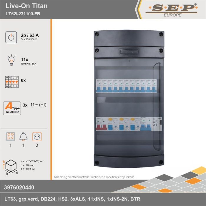 SEP Europe - Live-On Titan, LT62i-231100-FB, 63A, 3-fase groepenkast, 11-lichtgroepen, 1-fornuisgroep, 1-beltrafo, technische gegevens